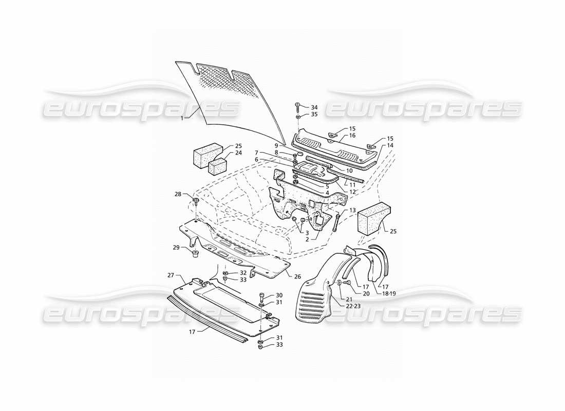 maserati qtp v6 (1996) bonnet and engine compartment covers (lhd) part diagram