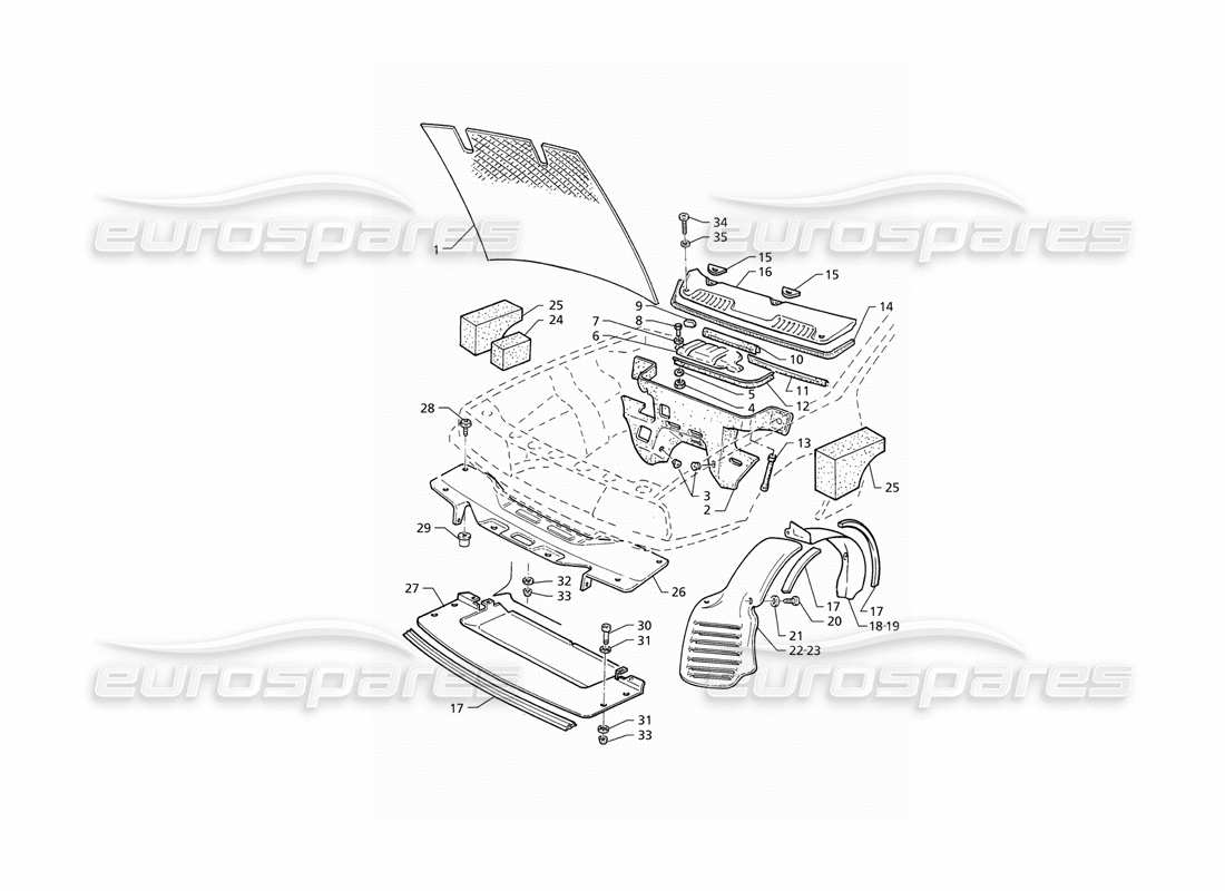 maserati qtp v6 (1996) bonnet and engine compartment covers (rhd) parts diagram