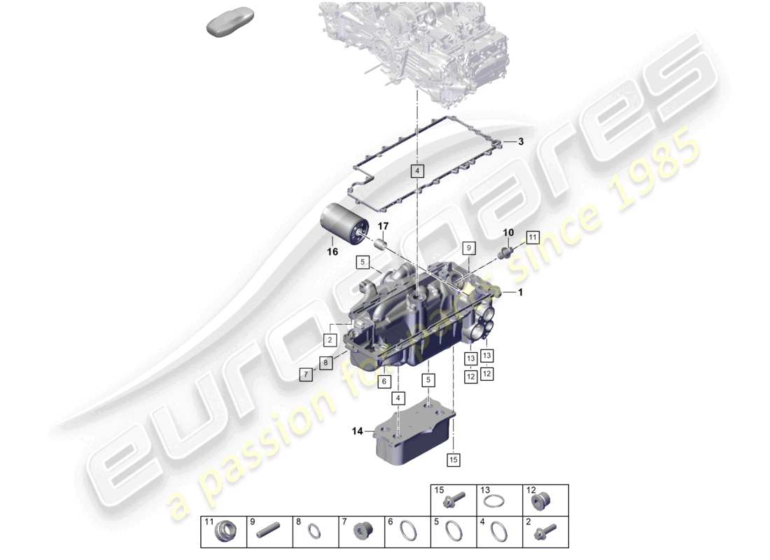 porsche 2021 (718 boxster spyder) engine (oil press./lubrica.) oil filter heat exchanger oil-conducting housing part diagram