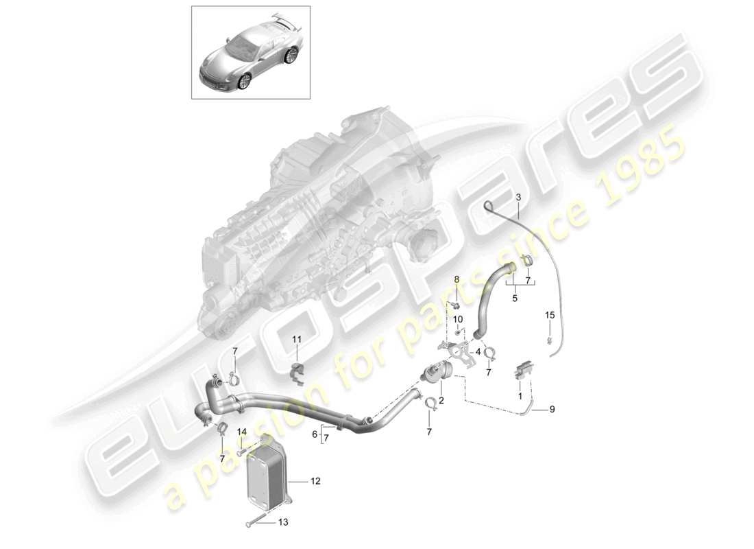 porsche 2021 (991-2 r/gt3/rs) manual gearbox heat exchanger oil pipe water pipe part diagram