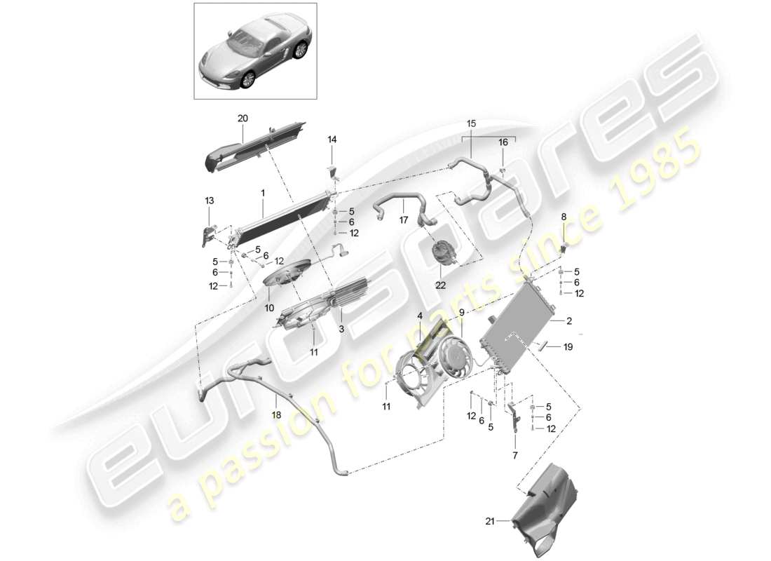 porsche 2021 (718 boxster) coolant cooling system radiator fan rear end part diagram