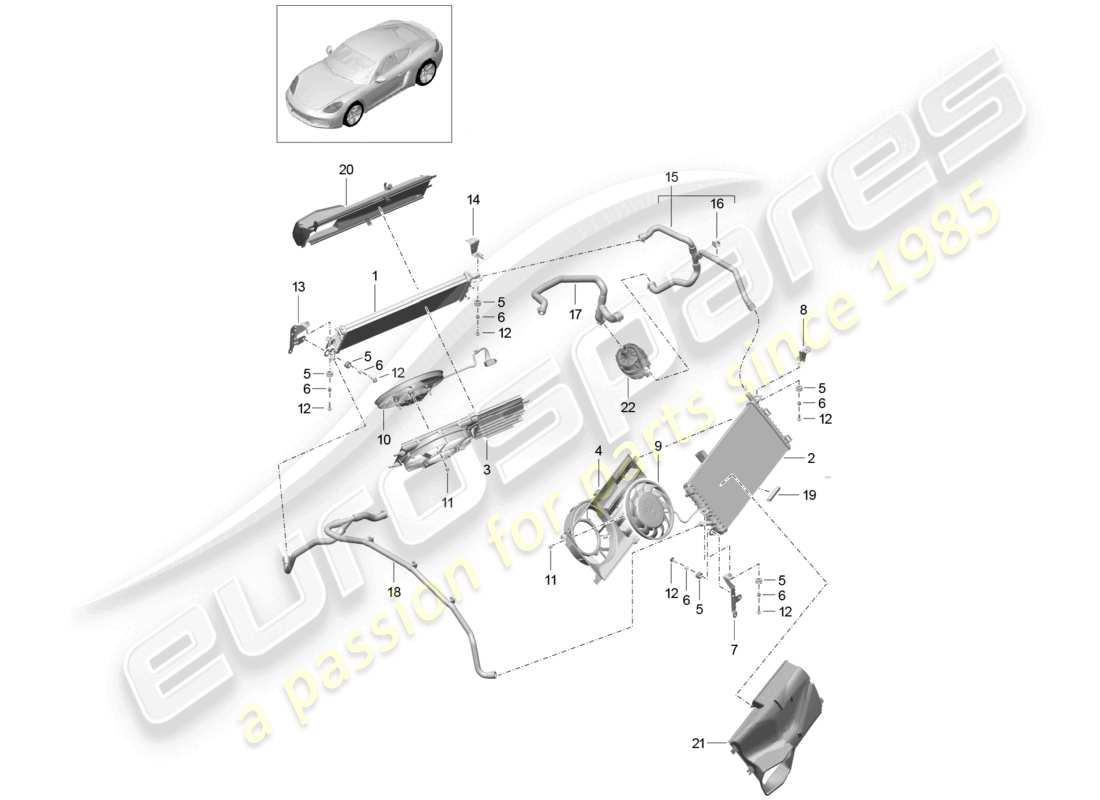 porsche 2022 (718 cayman) coolant cooling system cooler for coolant radiator fan rear end part diagram