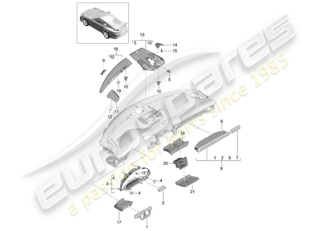 porsche 2021 (991-2 r/gt3/rs) accessories instrument panel trim part diagram