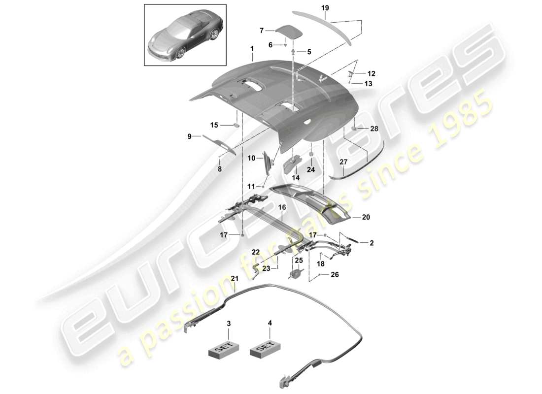 porsche 2021 (991-2 r/gt3/rs) cabrio top stowage box cover part diagram