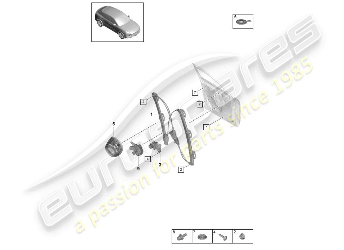porsche 2023 (cayenne e3 9ya/9yb) window regulator front assembly carrier part diagram
