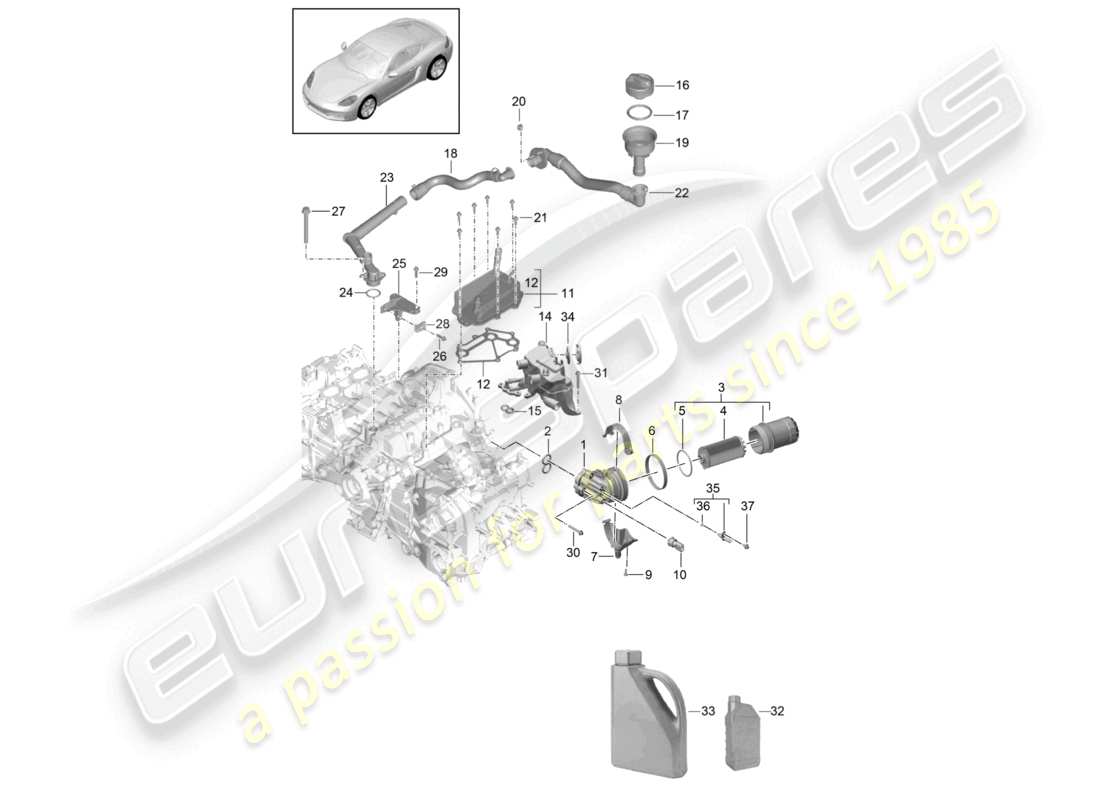 porsche 2023 (718 cayman) engine (oil press./lubrica.) oil filter oil filler pipe heat exchanger part diagram