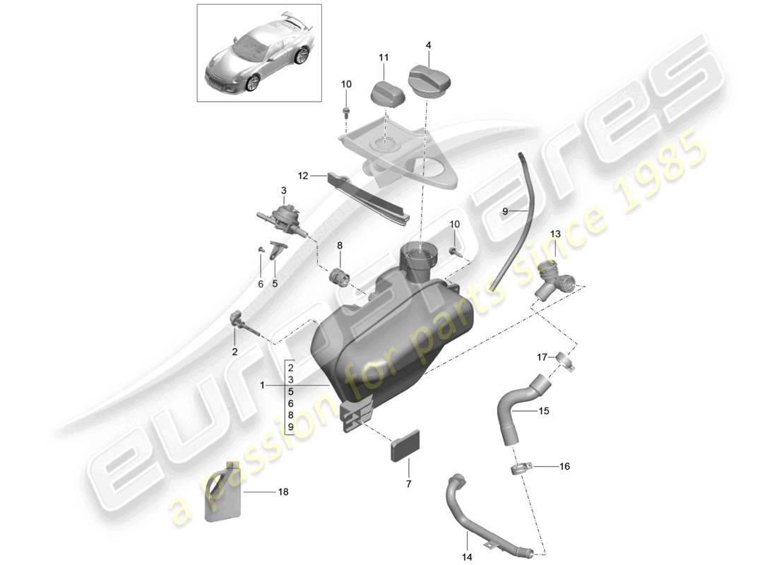 porsche 2021 (991-2 r/gt3/rs) coolant cooling system reservoir part diagram