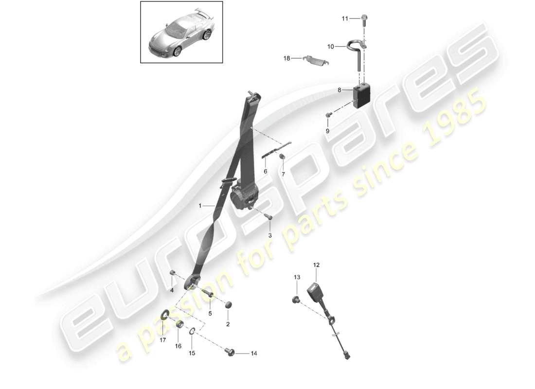 porsche 2021 (991-2 r/gt3/rs) three-point safety belt front part diagram