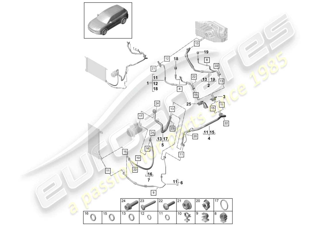 porsche 2024 (cayenne e3 9ya/9yb) air conditioning refrigerant line v6 r134a part diagram