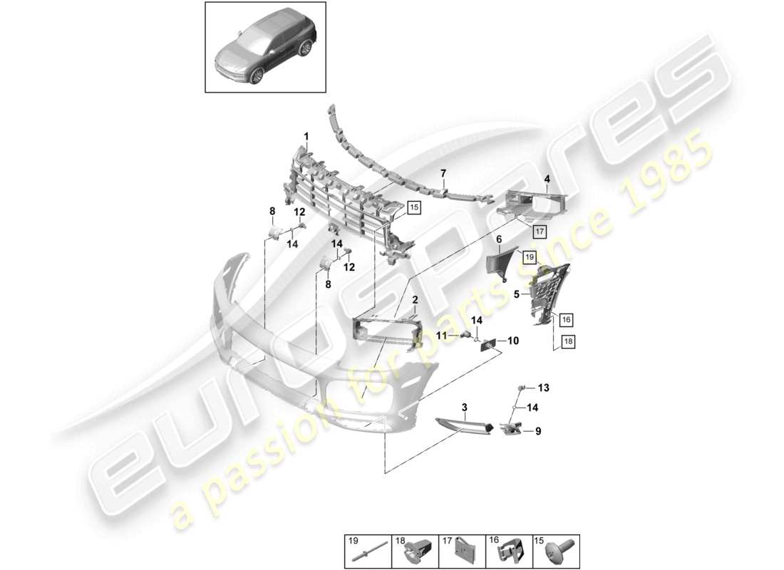porsche 2024 (cayenne e3 9ya/9yb) bumper front individual parts carbon effect and fasteners sport design package part diagram