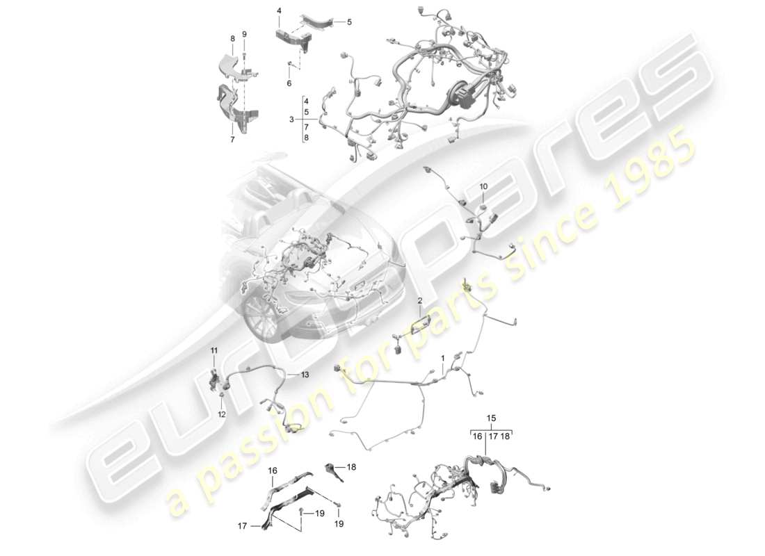 porsche 2024 (718 boxster) wiring looms rear trim engine gearbox rear axle part diagram
