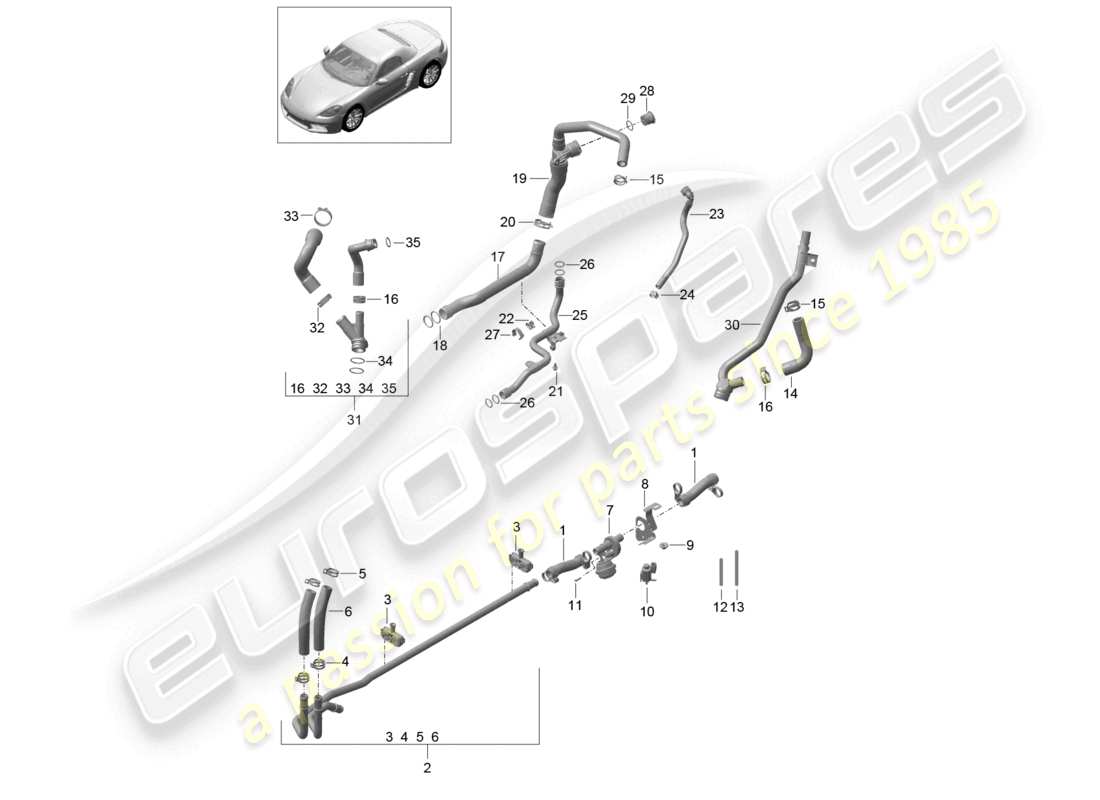 porsche 2021 (718 boxster) coolant cooling system water pipe part diagram