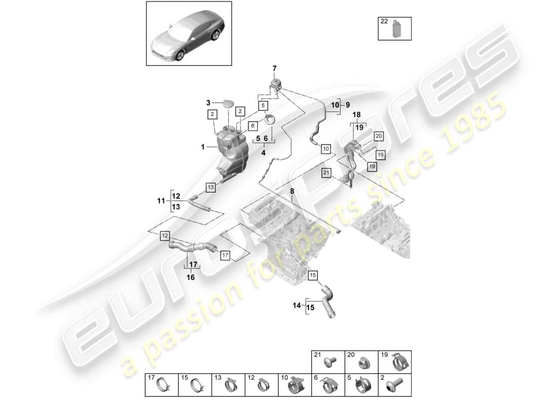 porsche 2021 (panamera 971-1) coolant cooling system coolant expansion tank breather line part diagram
