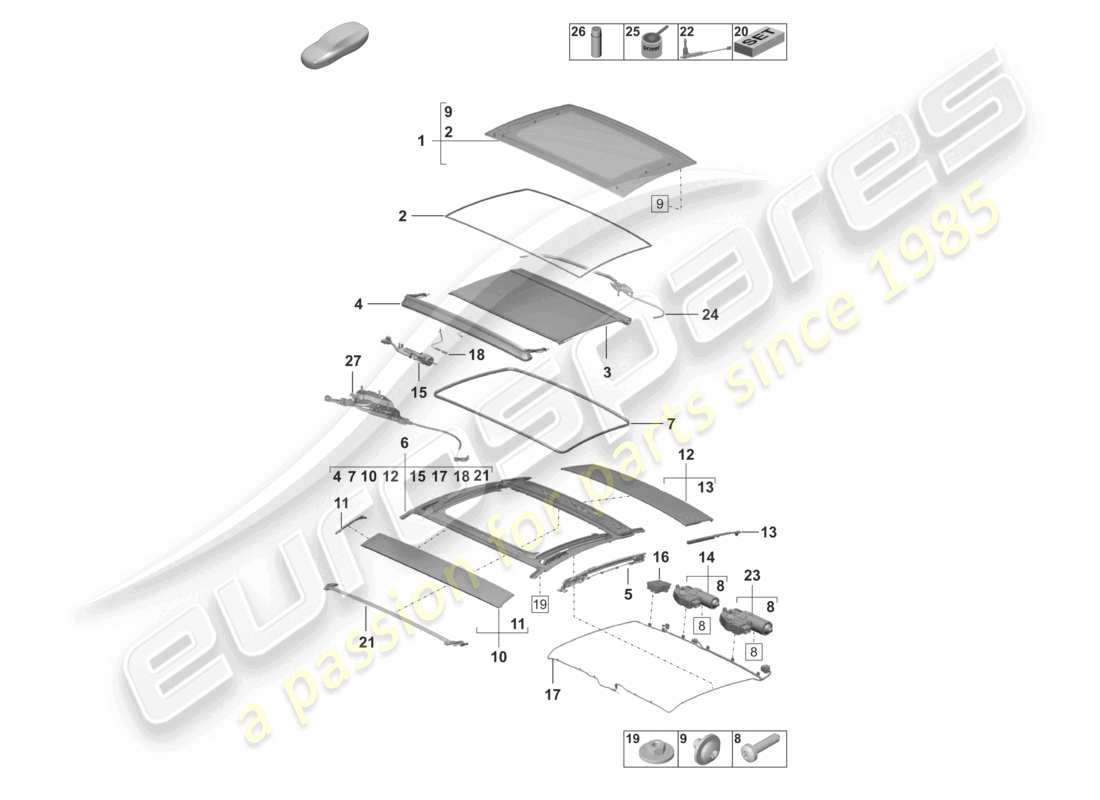 porsche 2026 (992-2 turbo / s) glass sunroof part diagram