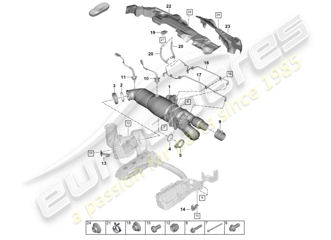 porsche 2025 (992-2) catalytic converter petrol particulate filter fastenings and sensors part diagram