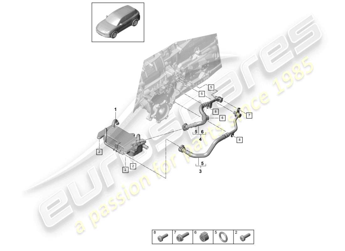 porsche 2021 (cayenne e3 9ya/9yb) 8-speed automatic gearbox for four-wheel drive gear oil cooler oil pipe part diagram
