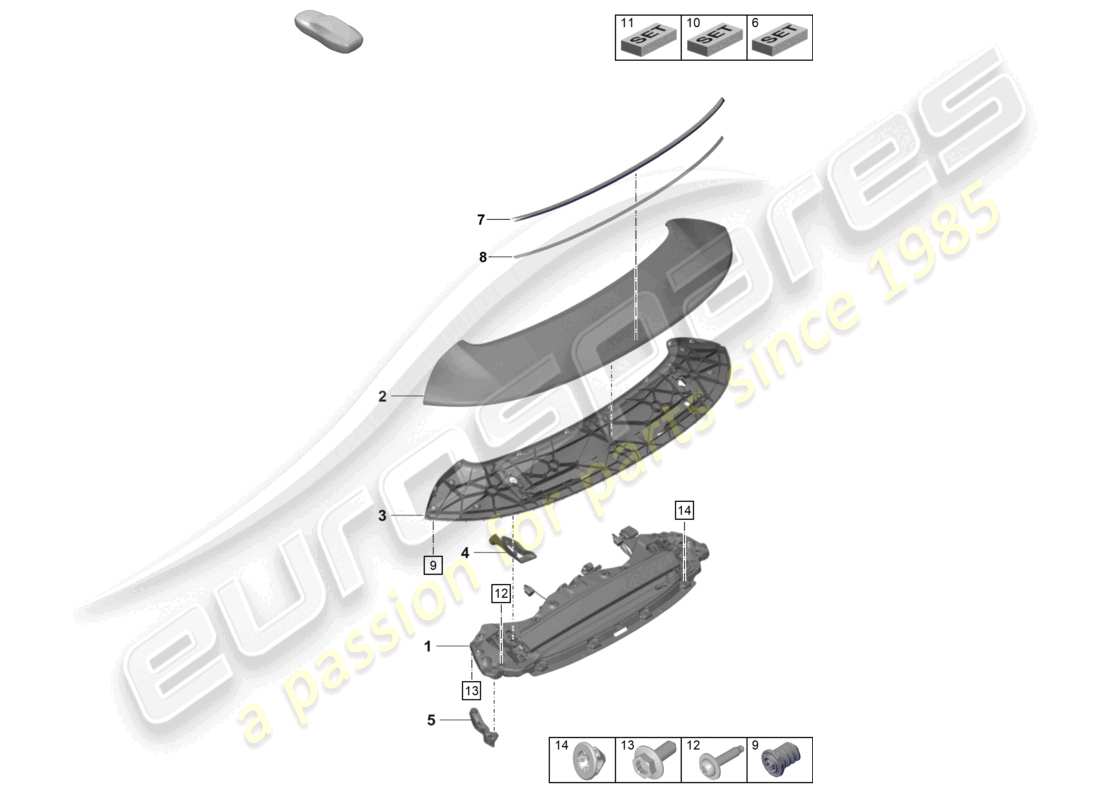 porsche 2024 (992-2 gt3/rs/st) rear spoiler part diagram