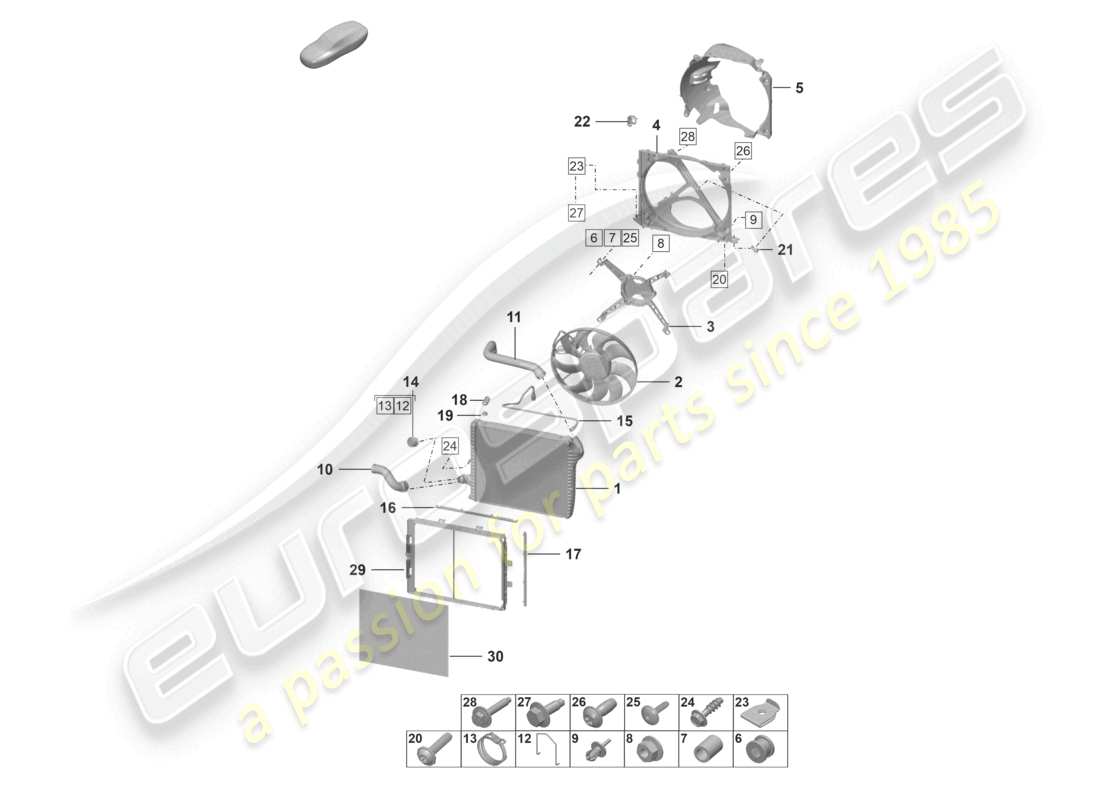 porsche 2021 (992-1) cooler for coolant front radiator fan part diagram