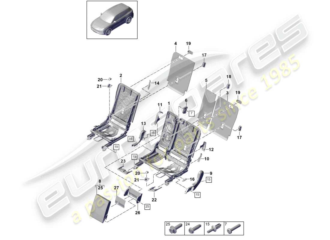 porsche 2024 (cayenne e3 9ya/9yb) back seat backrest trim accessories standard seat part diagram