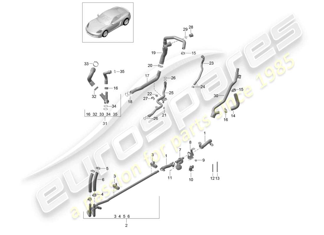 porsche 2022 (718 cayman) coolant cooling system water pipe part diagram
