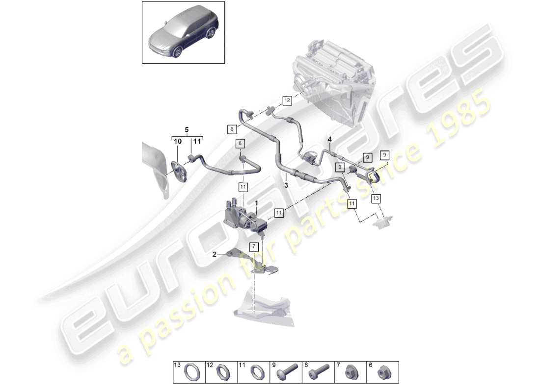 porsche 2024 (cayenne e3 9ya/9yb) refrigerant circuit rhd water box for vehicles with hybrid drive part diagram