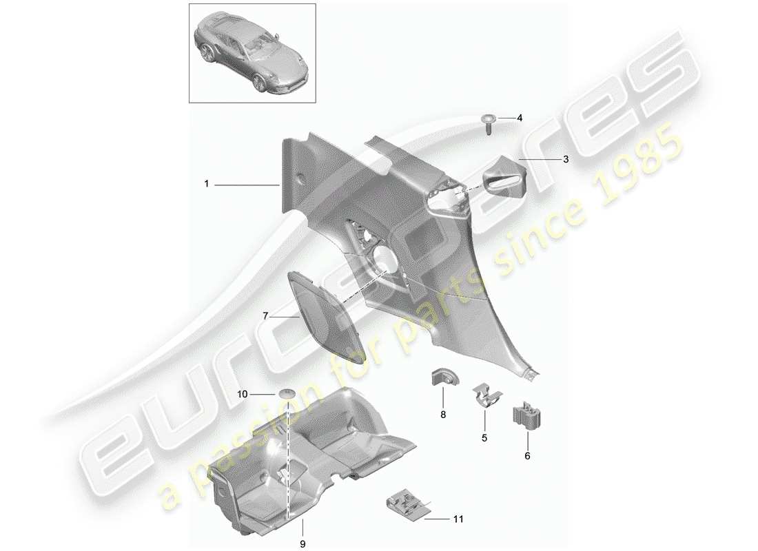 porsche 991 turbo (2018) quarter trim panel parts diagram