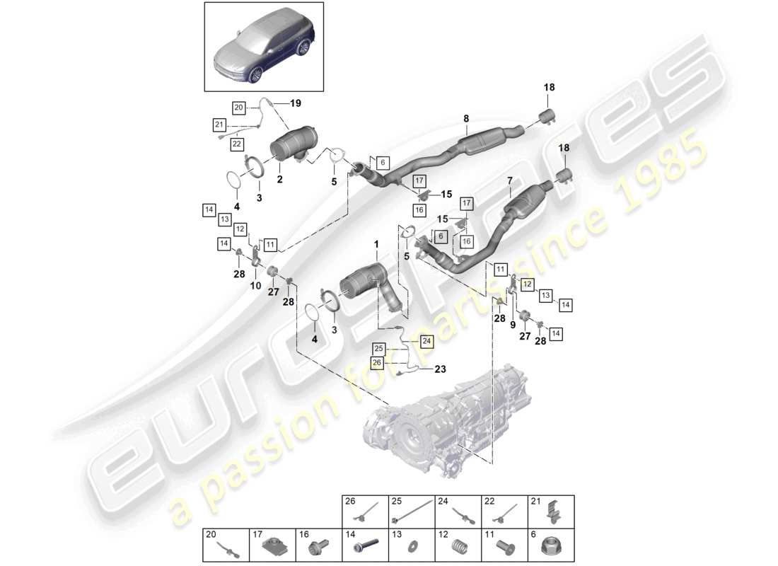 porsche 2023 (cayenne e3 9ya/9yb) exhaust system catalytic converter lambda probe catalytic converter part diagram