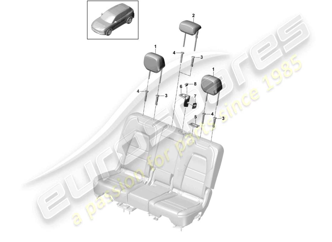 porsche 2021 (cayenne e3 9ya/9yb) head restraint upper fasteners trims seat standard seat comfort seat sports seat part diagram