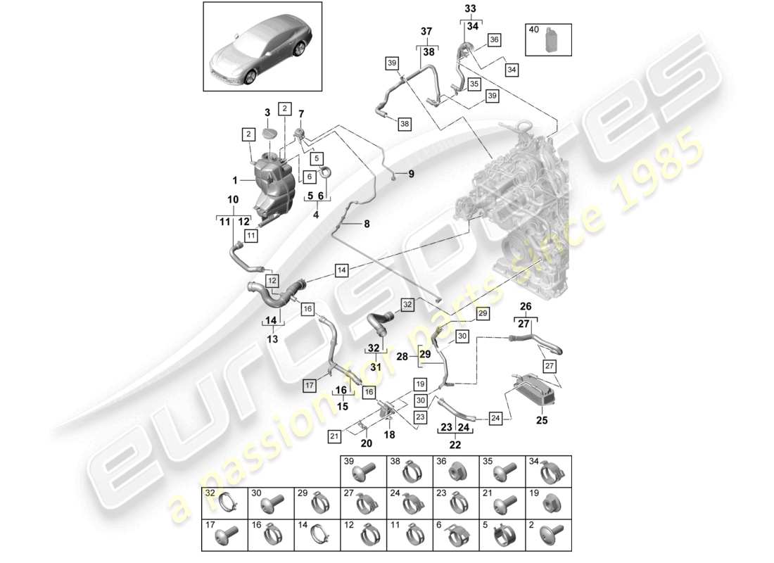 porsche 2021 (panamera 971-1) coolant cooling system coolant expansion tank breather line part diagram