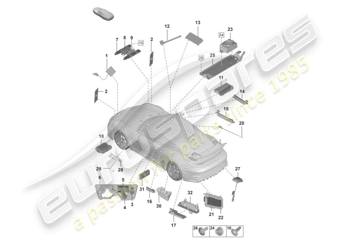 porsche 2023 (992-1 gt3/rs/st) aerial aerial amplifier emergency call loudspeaker chip card reader for road toll system connection for usb and aux-in part diagram