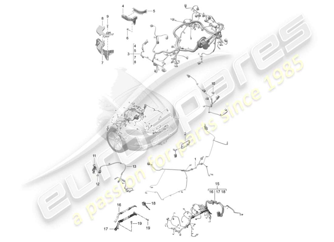 porsche 2025 (718 cayman) wiring looms rear trim engine gearbox rear axle part diagram