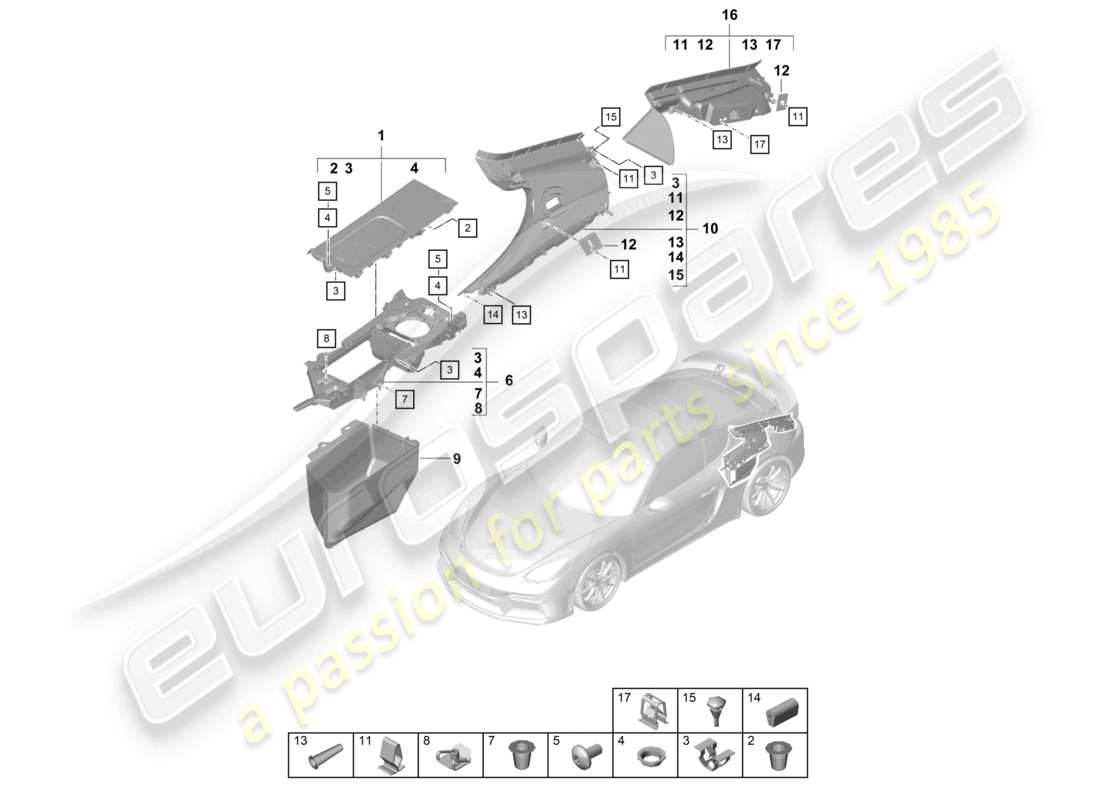 porsche 2021 (718 cayman gt4) trims side engine bay rear parts diagram