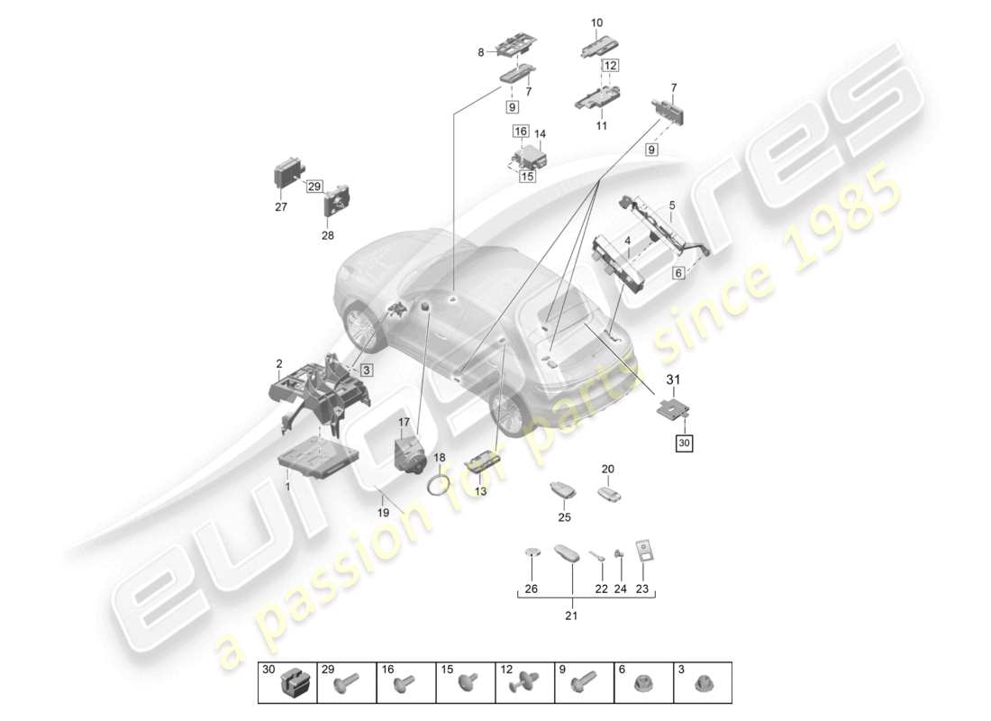 porsche 2021 (macan) control units control unit (bcm) for conv. system & ob power supply for vehicles with kessy (access and start auth.) aerial for access and start authorisation (kessy) control unit for auxiliary heater handheld transmitter part diagram