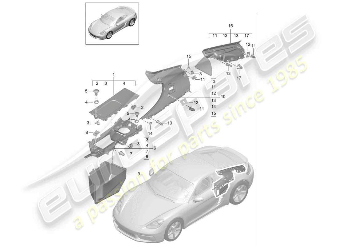 porsche 2025 (718 cayman) trims side rear engine bay and engine bay part diagram