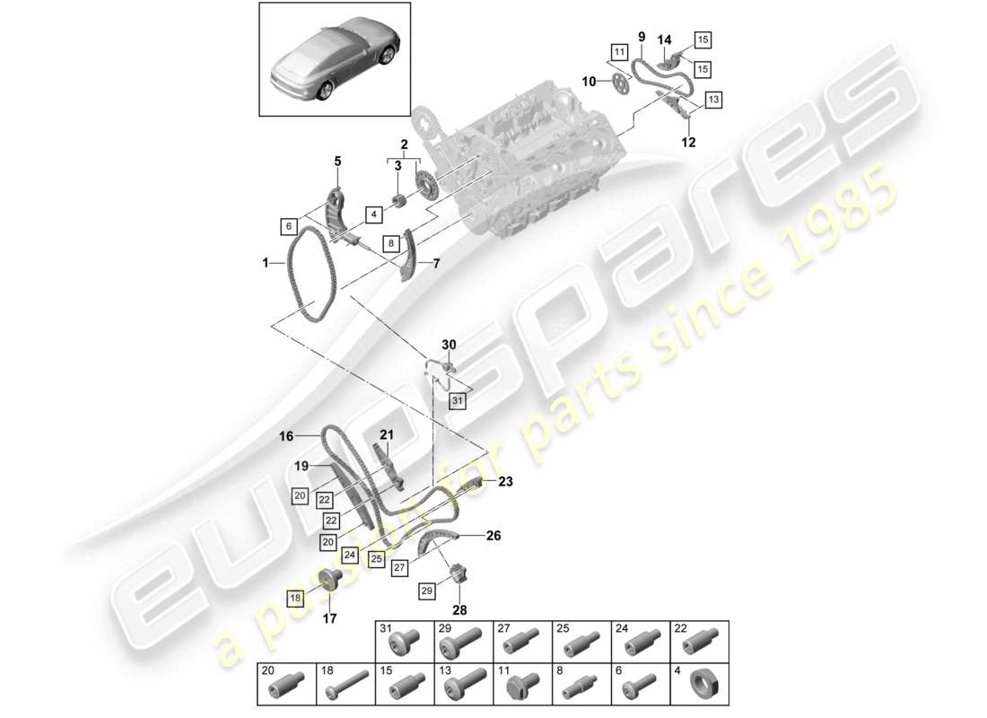 porsche 2021 (panamera 971-1) timing chain slide rail chain tensioner part diagram