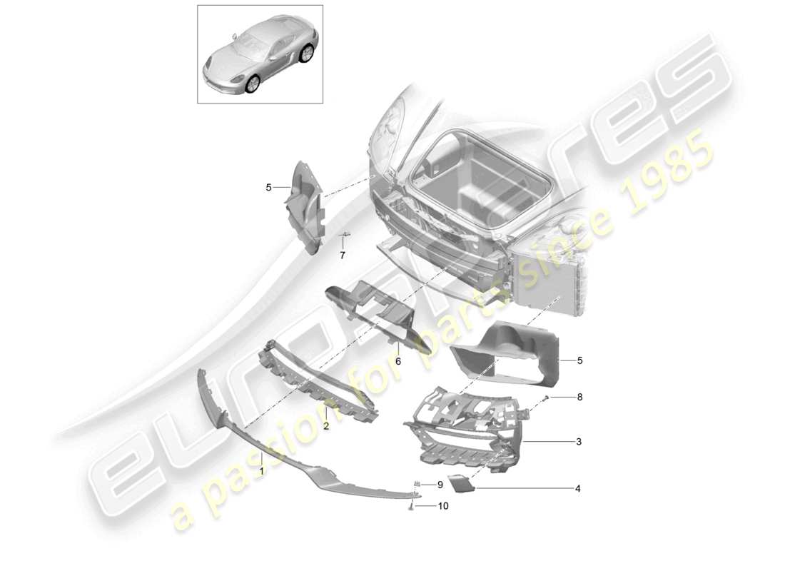 porsche 2024 (718 cayman) air guide front bumper sport design package and gts part diagram