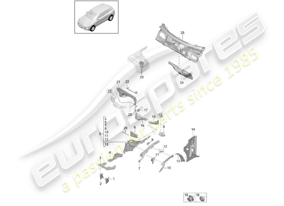 porsche 2021 (macan) front end suspension strut mounting firewall part diagram