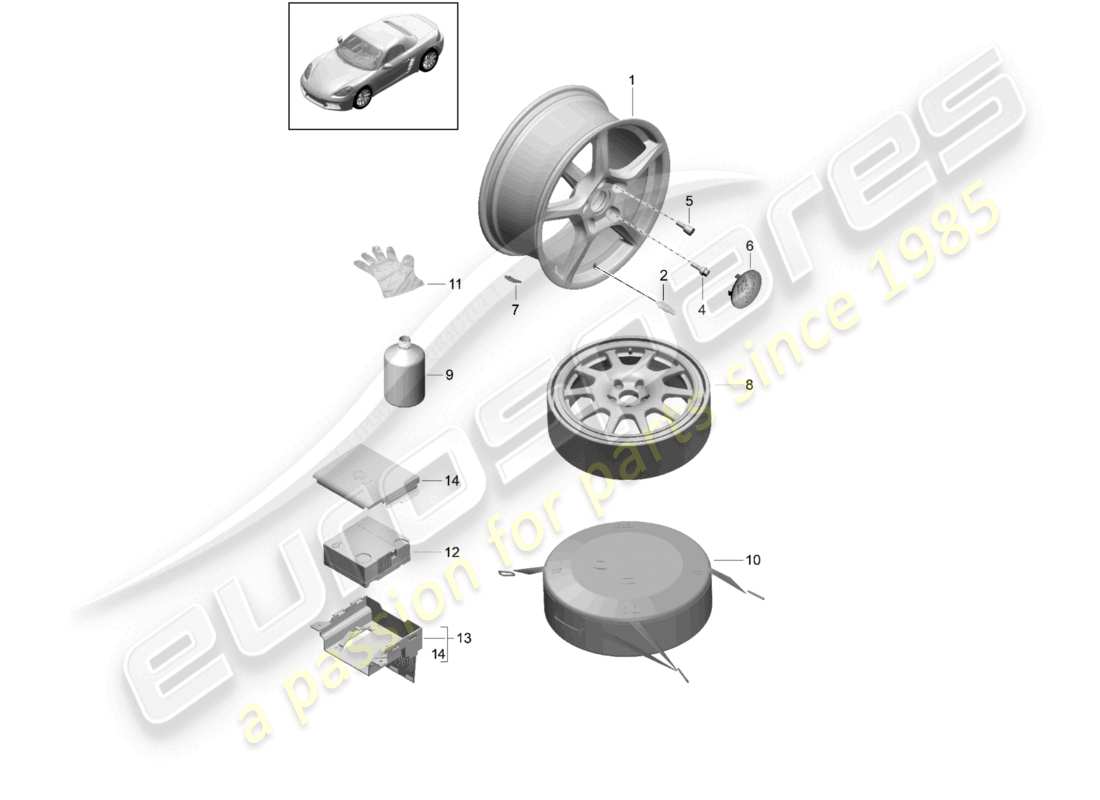 porsche 2024 (718 boxster) aluminium rim spare wheel tyre sealant part diagram