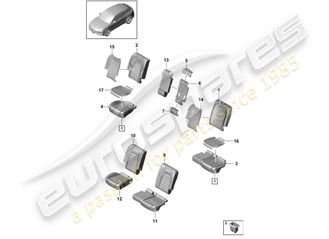 porsche 2021 (cayenne e3 9ya/9yb) seat rear comfort seat foam part seat cover part diagram