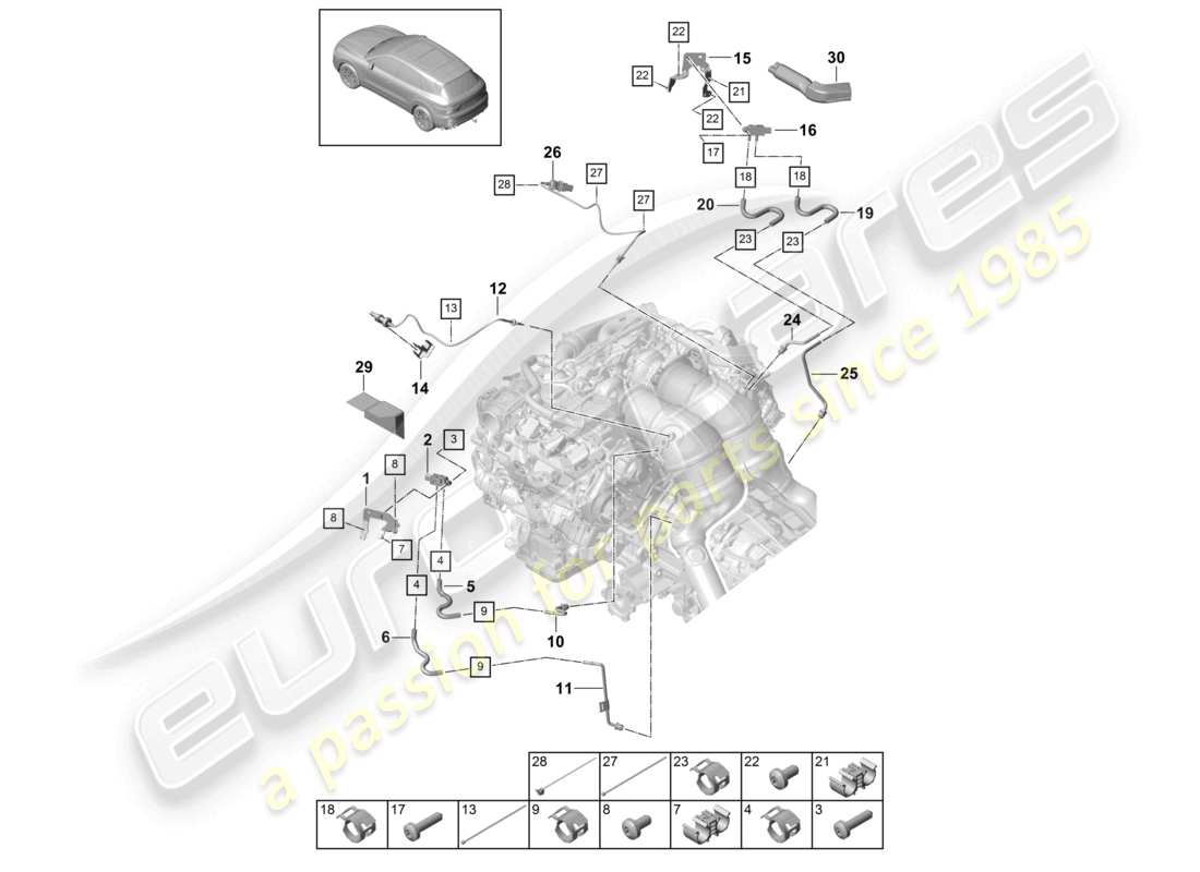 porsche 2022 (cayenne e3 9ya/9yb) control line with pressure difference sender exhaust gas temperature sender part diagram