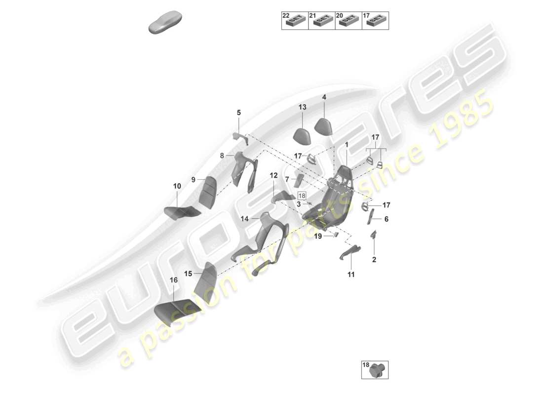 porsche 2022 (992-1 gt3/rs/st) bucket seat seat frame seat covers foam part part diagram