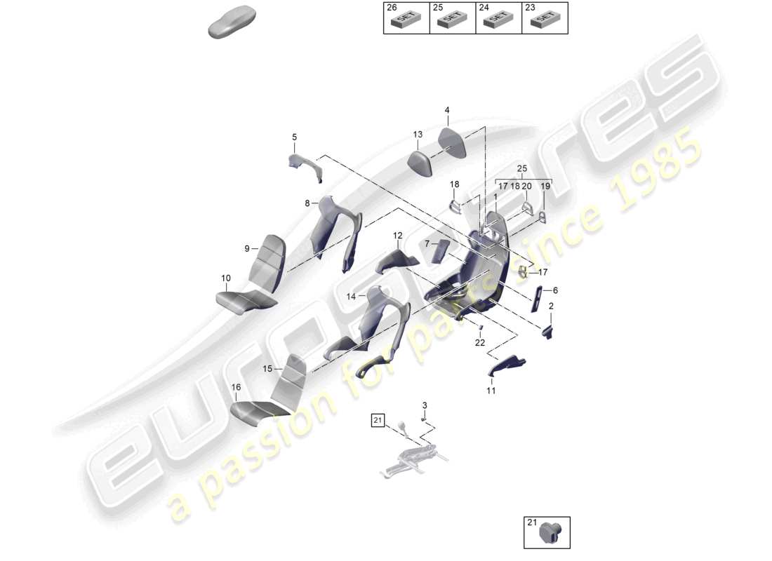 porsche 2022 (992-1 gt3/rs/st) bucket seat seat frame seat covers foam part part diagram