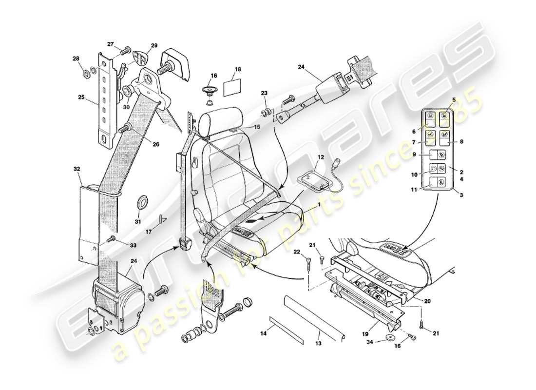 aston martin v8 coupe (1999) front seats & belts v79080 & v79074on part diagram