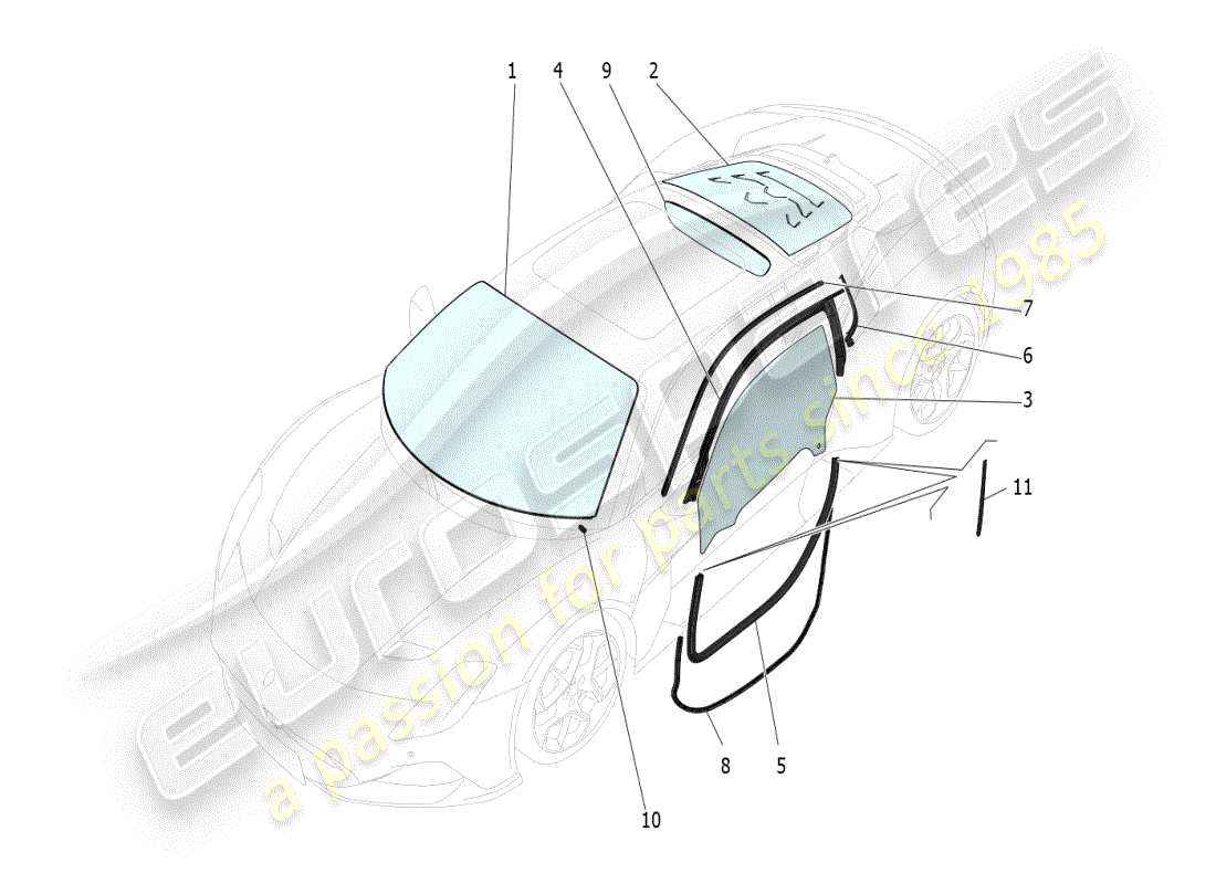 maserati mc20 (2024) windows and window strips parts diagram