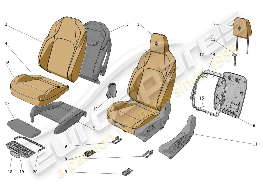 maserati grecale trofeo (2023) front seats: trim panels parts diagram