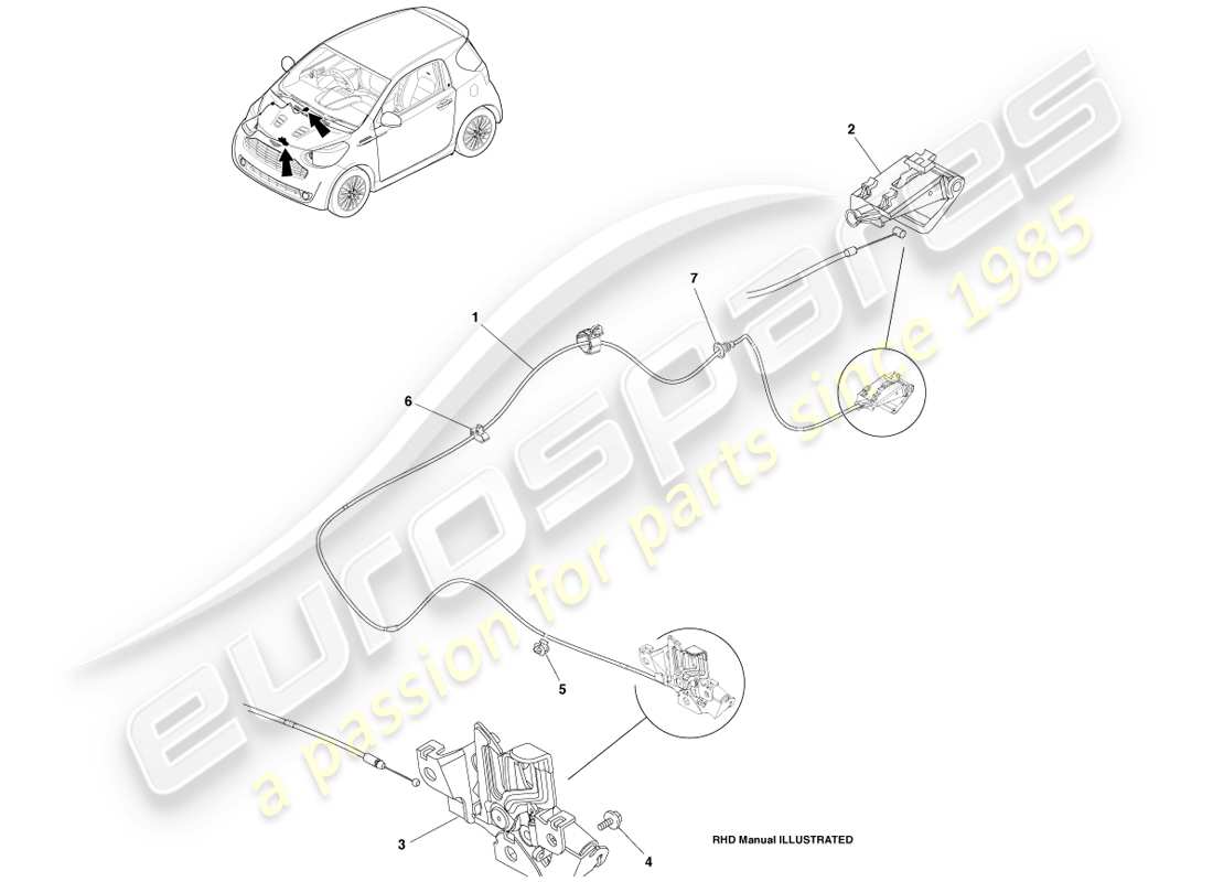 aston martin cygnet (2012) bonnet latch and actuation part diagram