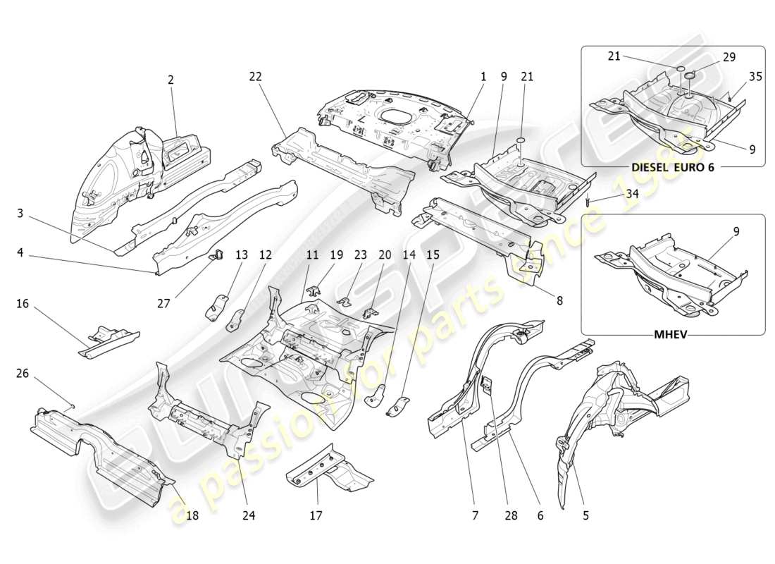 maserati ghibli fragment (2022) rear structural frames and sheet panels part diagram