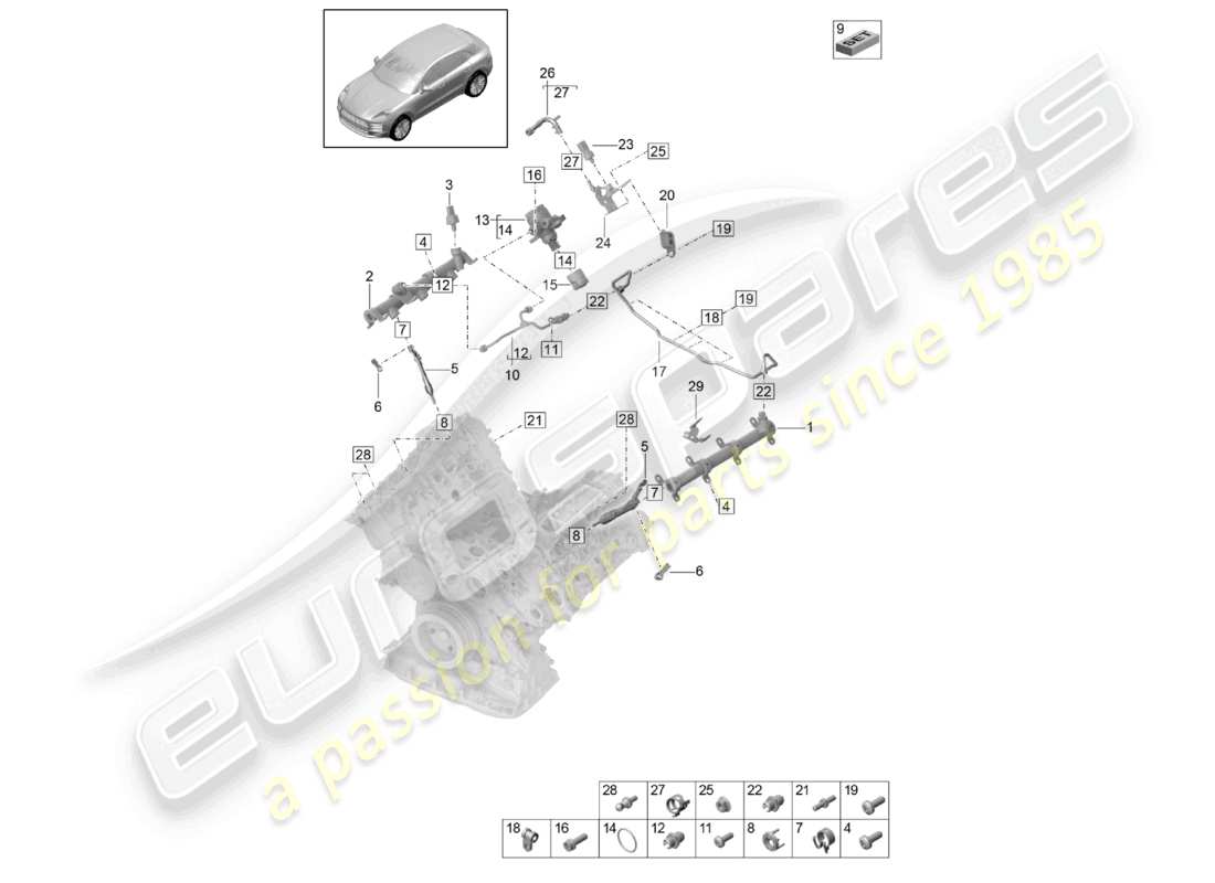 porsche 2021 (macan) fuel collection pipe high-pressure injector high pressure pump part diagram