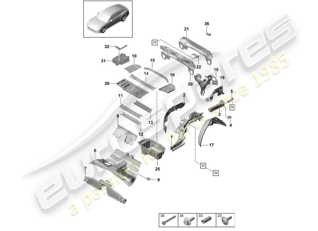 porsche 2021 (panamera 971-1) rear end side member parts diagram