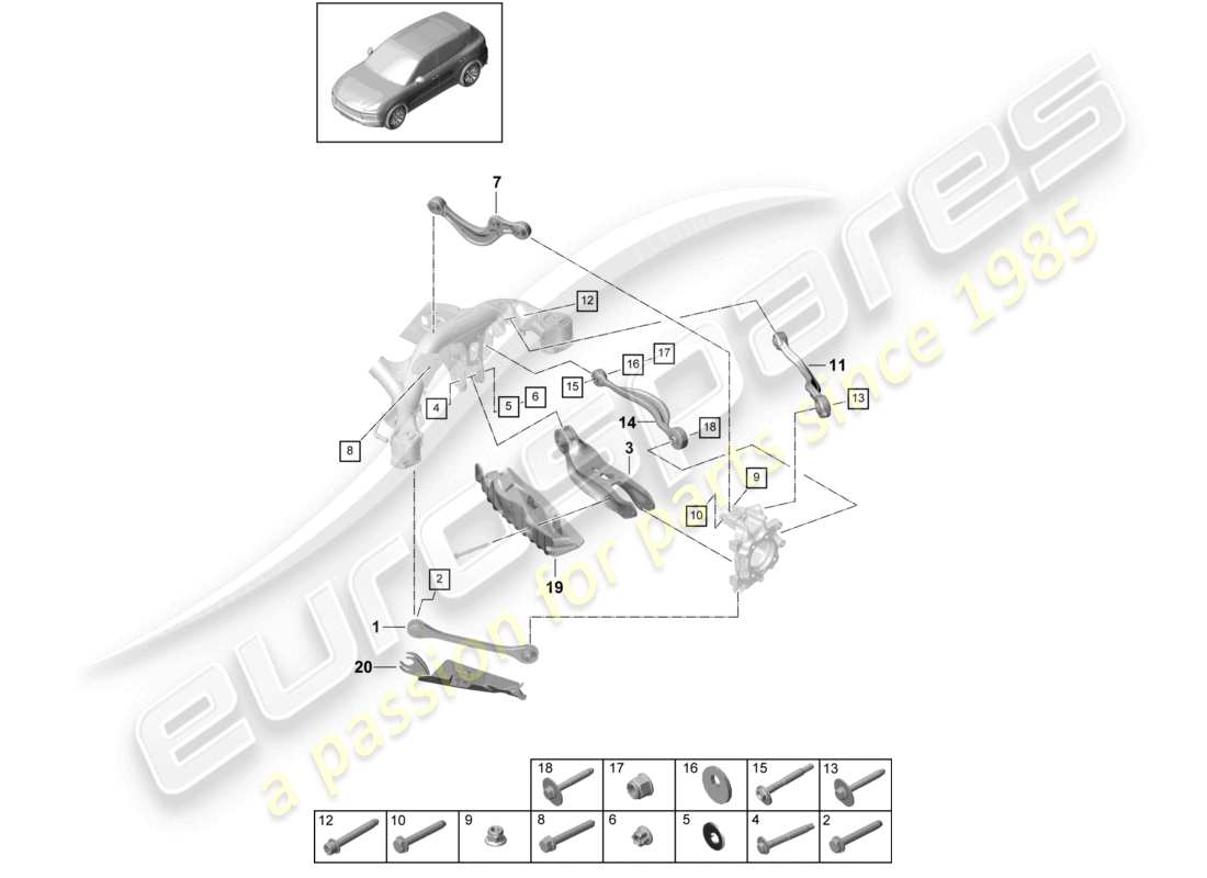 porsche 2021 (cayenne e3 9ya/9yb) wishbone rear axle part diagram